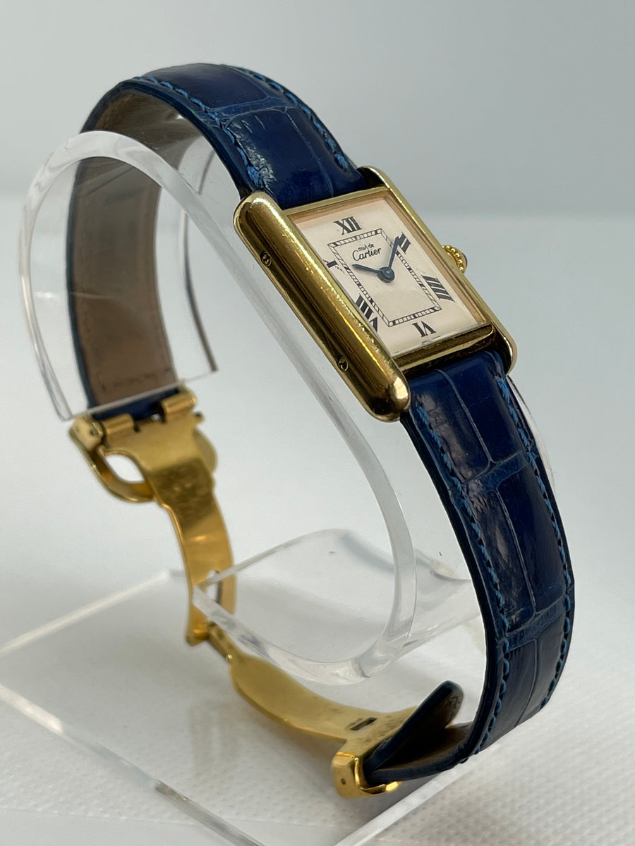 Cartier Ladies Tank Watch with Navy Deployant Band