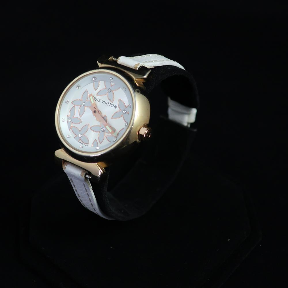 Louis Vuitton - Tambour with Exquisite Rose Gold and White Flower Design on  the Dial - Diamond Hour Markers - Gold Case with Thin White Leather Band