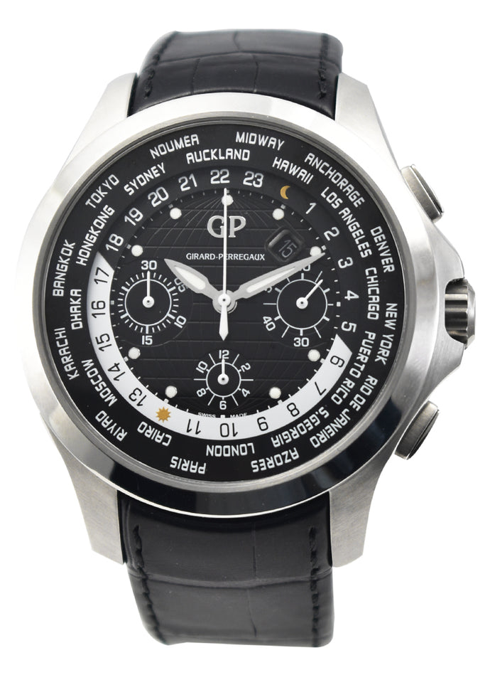 Girard-Perregaux - World Time Chronograph Traveller Mens Automatic Steel on Black Crocodile Strap with Black Dial