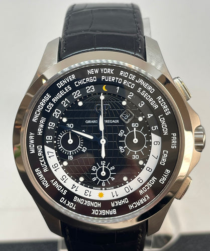 Girard-Perregaux - World Time Chronograph Traveller Mens Automatic Steel on Black Crocodile Strap with Black Dial