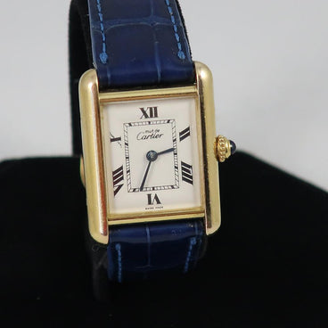 Cartier Ladies Tank Watch with Navy Deployant Band