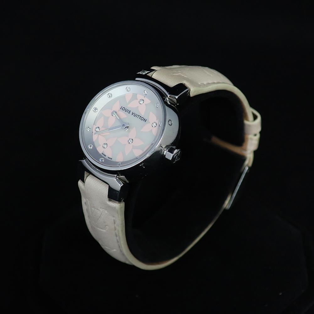 Louis Vuitton Tambour Quartz Pink Dial 28mm Ladies Lug Diamond SS Q121Y  Watch
