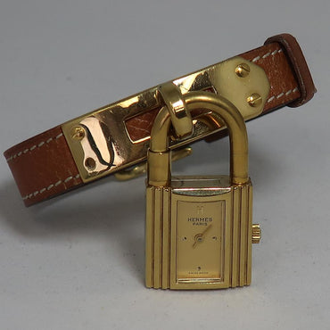 Hermes Gold and Brown Lock Watch Hermès Kelly Watch Gold Tone Lock Case Brown Leather Strap main image 2