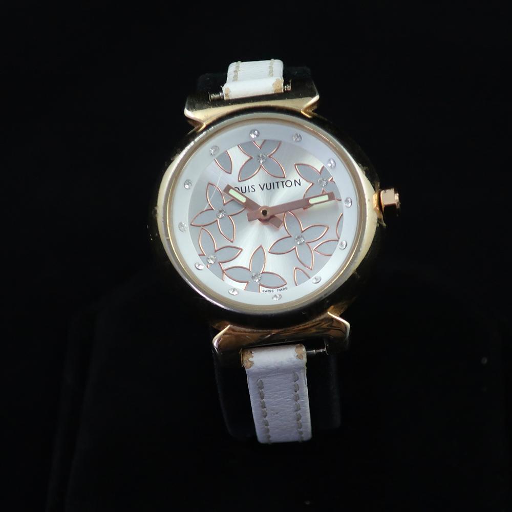 Louis Vuitton - Tambour with Exquisite Rose Gold and White Flower Design on the Dial - Diamond Hour Markers - Gold Case with Thin White Leather Band