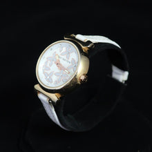 Louis Vuitton - Tambour with Exquisite Rose Gold and White Flower Design on the Dial - Diamond Hour Markers - Gold Case with Thin White Leather Band