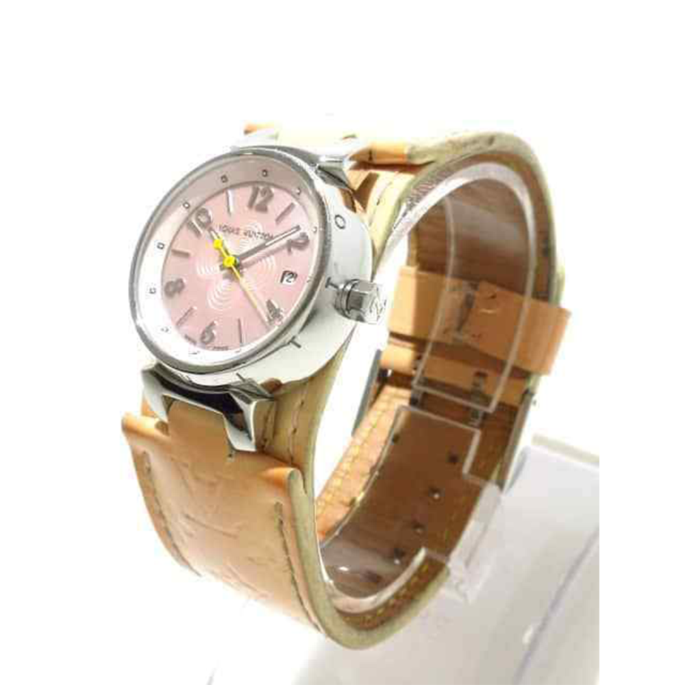 Louis Vuitton - Louis Vuitton Tambour Q1216 Beige Pink Leather Steel Womens Wrist Watch