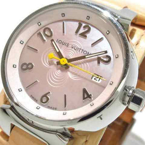 Louis Vuitton - Louis Vuitton Tambour Q1216 Beige Pink Leather Steel Womens Wrist Watch