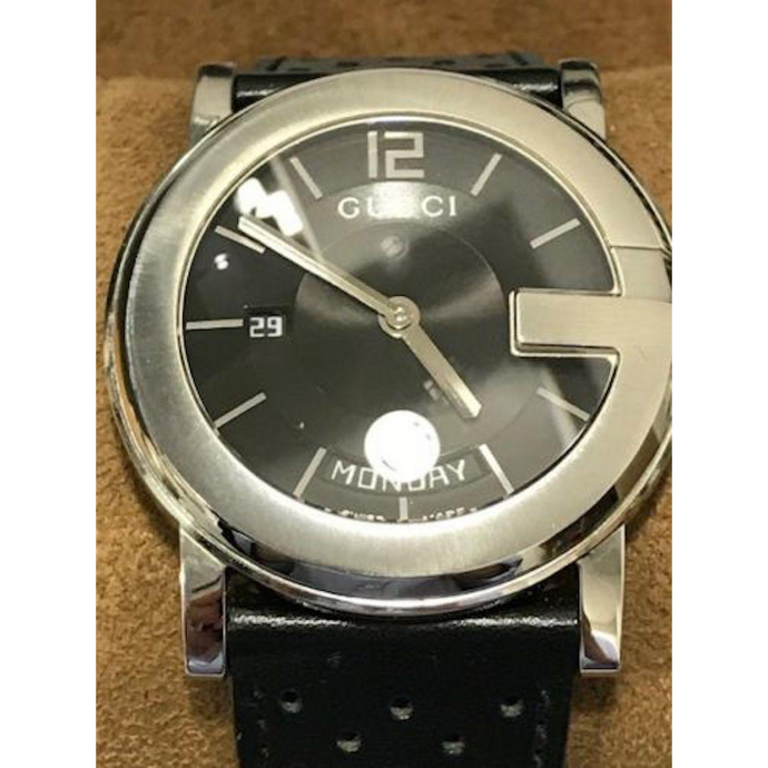 Gucci - 101M Day and Date Watch with Black Leather Strap